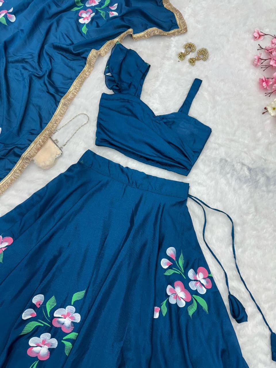 Blue Chinon Lehenga Choli Set Roohri