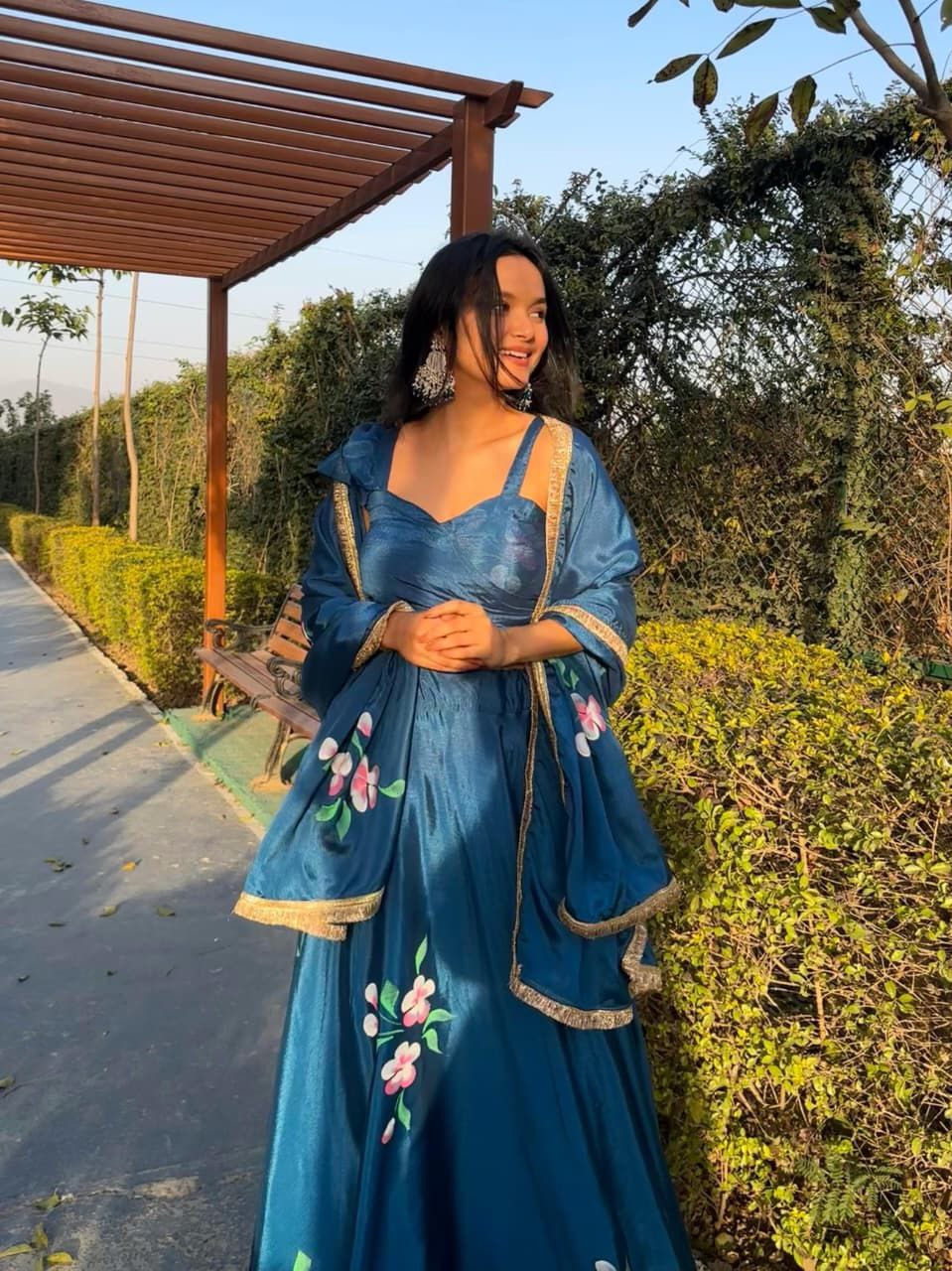 Blue Chinon Lehenga Choli Set Roohri