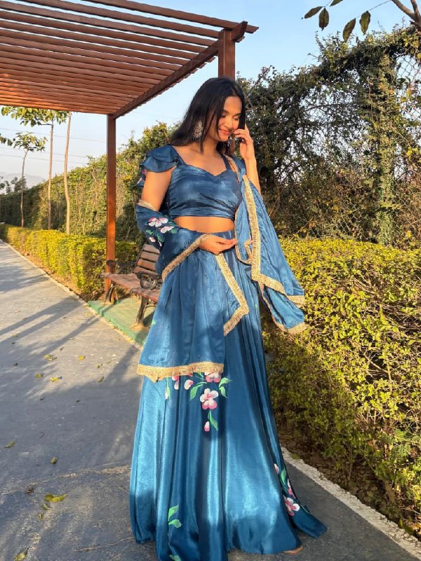 Blue Chinon Lehenga Choli Set Roohri