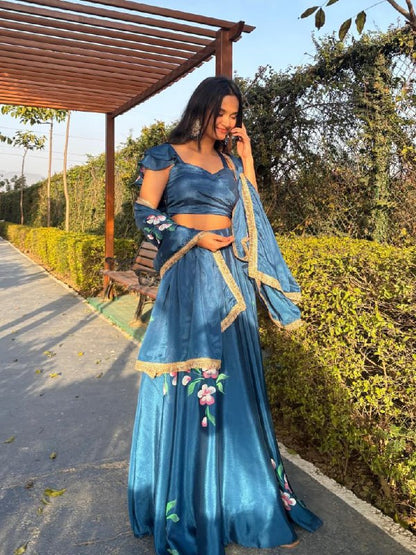 Blue Chinon Lehenga Choli Set Roohri