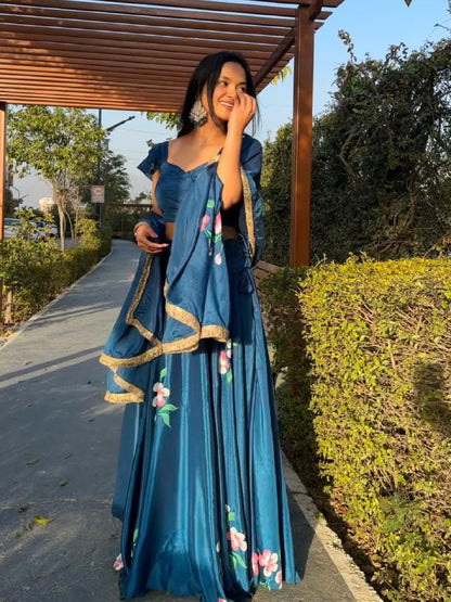 Blue Chinon Lehenga Choli Set Roohri