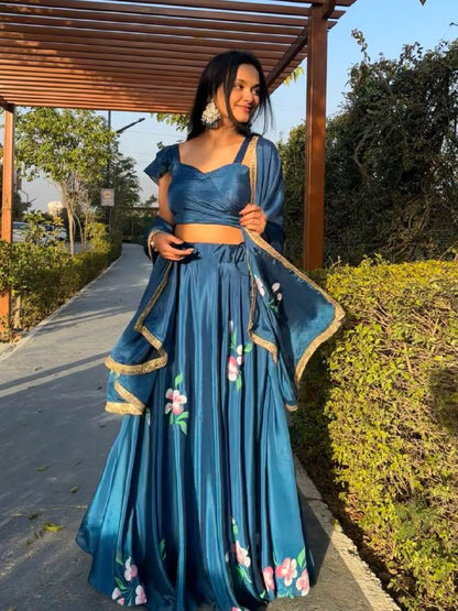 Blue Chinon Lehenga Choli Set Roohri