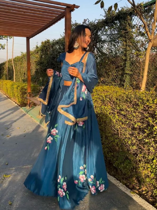 Blue Chinon Lehenga Choli Set Roohri