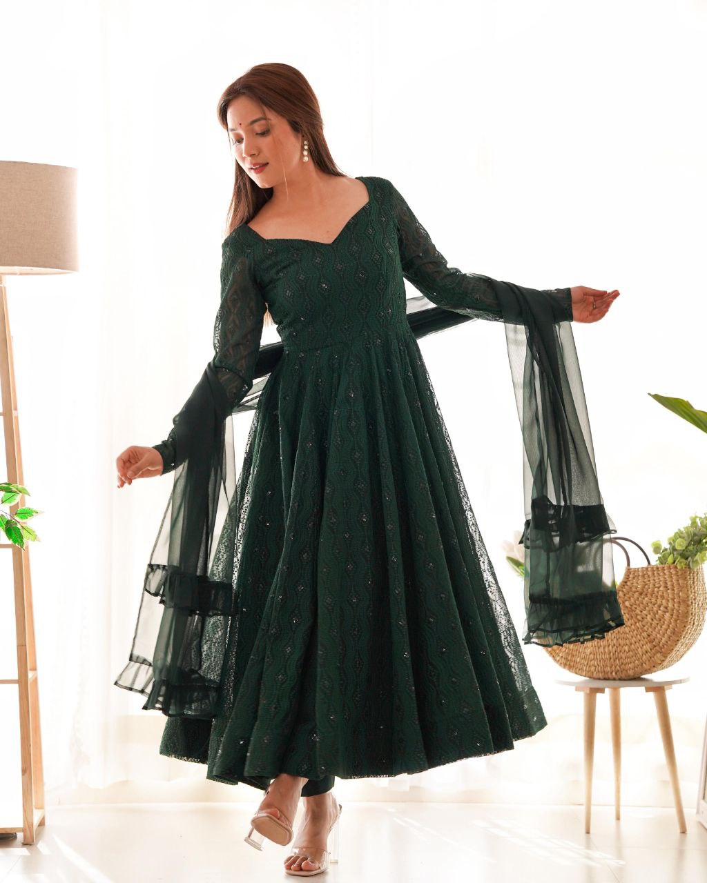 Bottle Green Chikankari Anarkali Suit Set Roohri