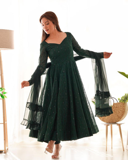 Bottle Green Chikankari Anarkali Suit Set Roohri
