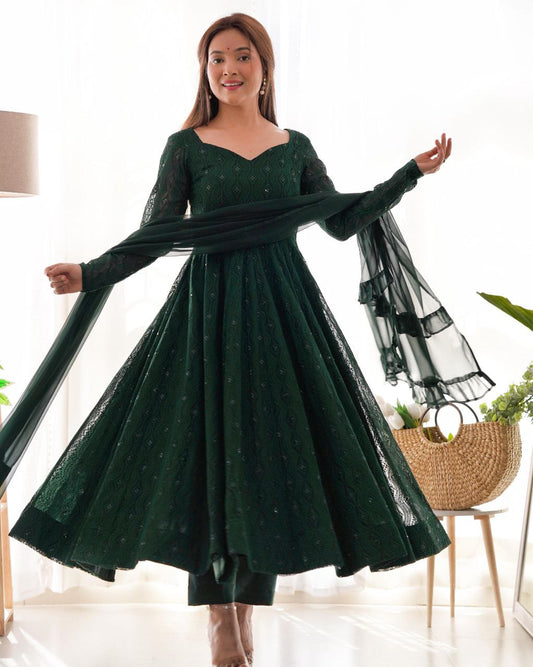 Bottle Green Chikankari Anarkali Suit Set Roohri