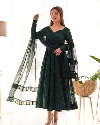 Bottle Green Chikankari Anarkali Suit Set Roohri