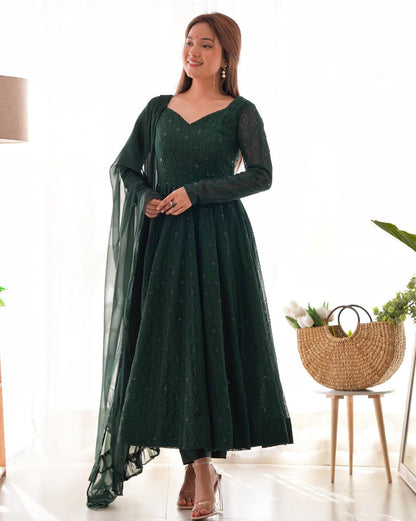 Bottle Green Chikankari Anarkali Suit Set Roohri