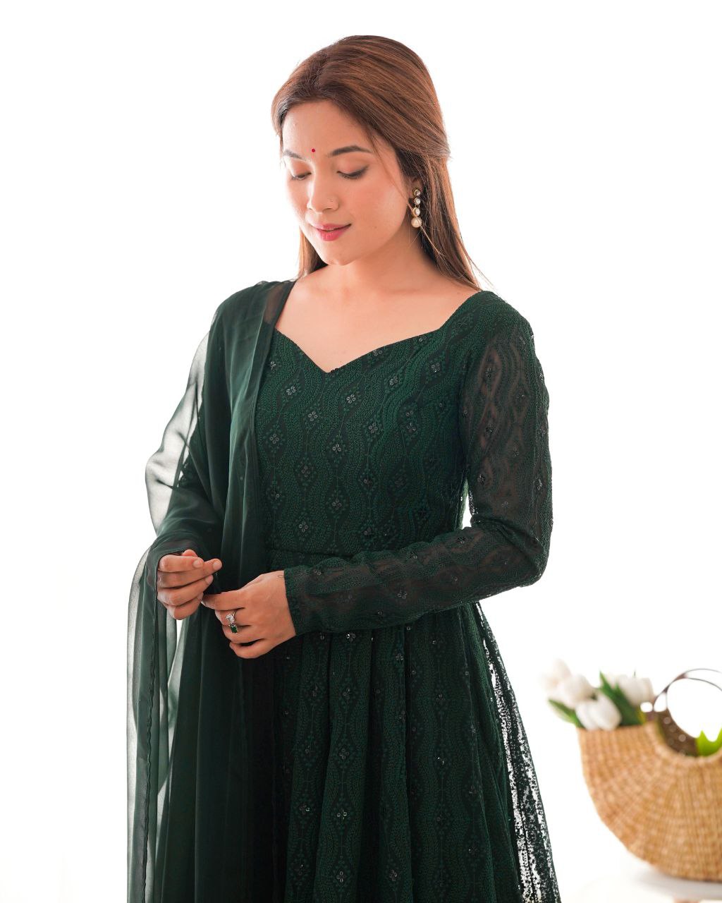 Bottle Green Chikankari Anarkali Suit Set Roohri