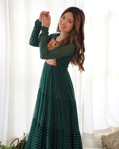Bottle Green Laheriya Anarkali Gown Roohri