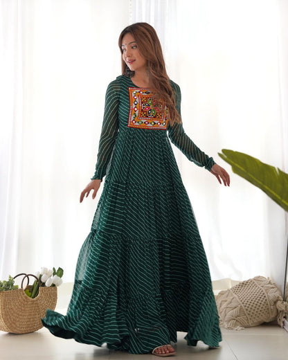 Bottle Green Laheriya Anarkali Gown Roohri