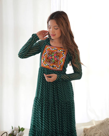 Bottle Green Laheriya Anarkali Gown Roohri