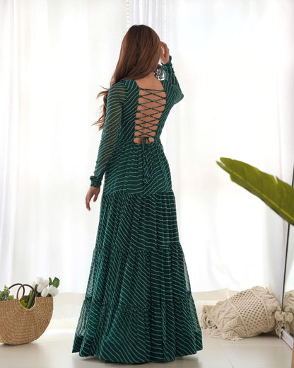 Bottle Green Laheriya Anarkali Gown Roohri