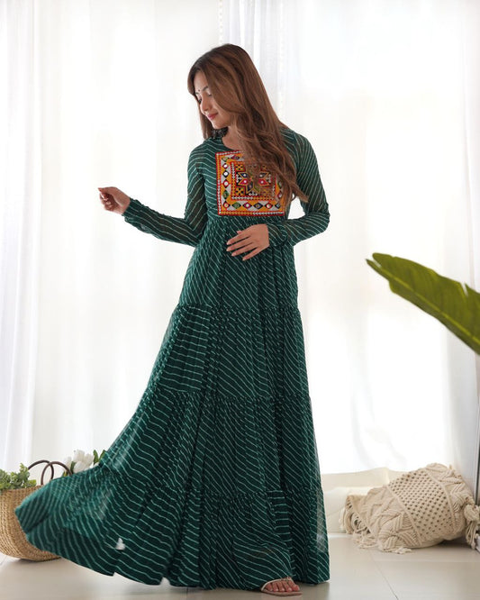 Bottle Green Laheriya Anarkali Gown Roohri
