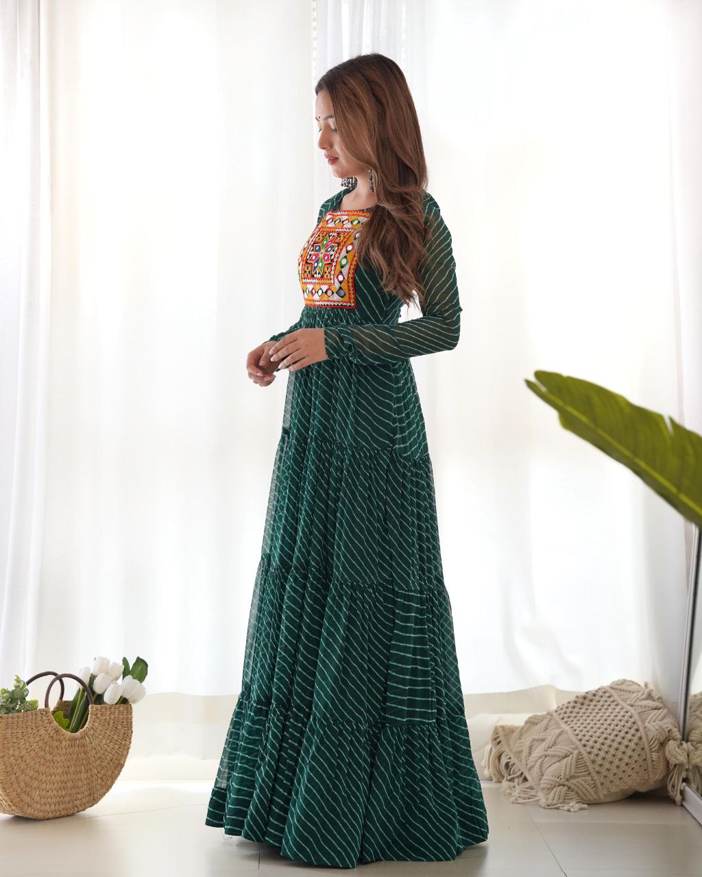 Bottle Green Laheriya Anarkali Gown Roohri