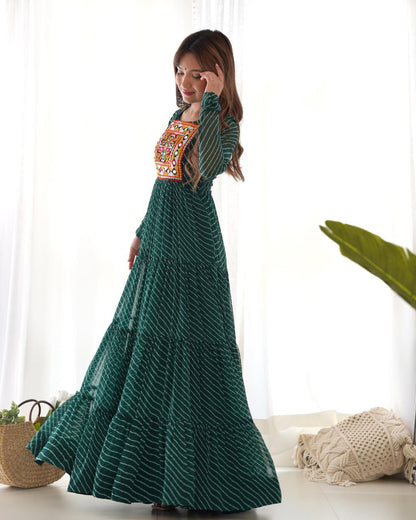Bottle Green Laheriya Anarkali Gown Roohri