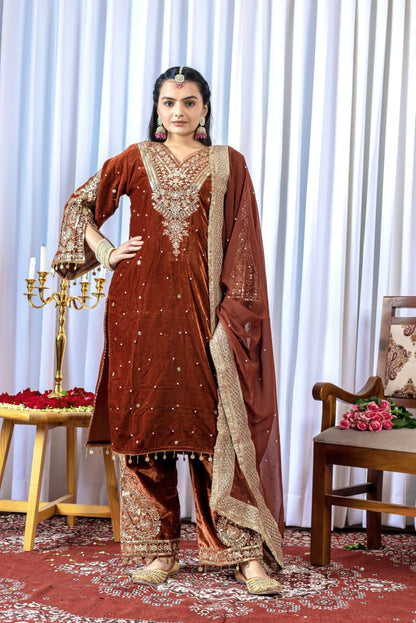 Brown Velvet Suit Set Roohri