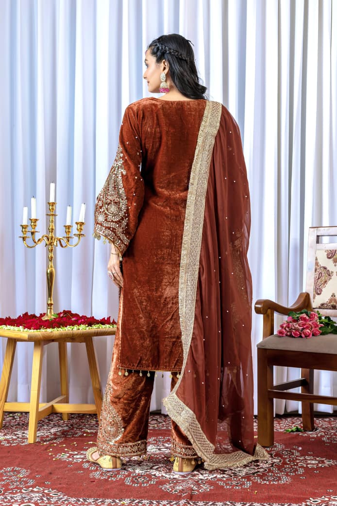Brown Velvet Suit Set Roohri