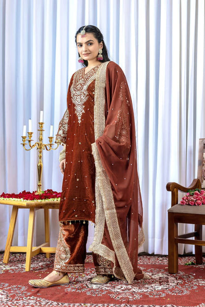 Brown Velvet Suit Set Roohri