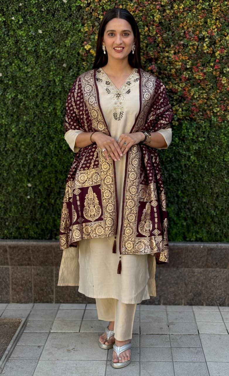 Cream Embroidered Suit Set Roohri