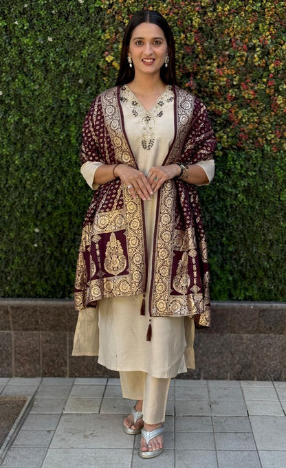 Cream Embroidered Suit Set Roohri
