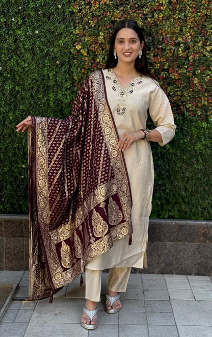 Cream Embroidered Suit Set Roohri