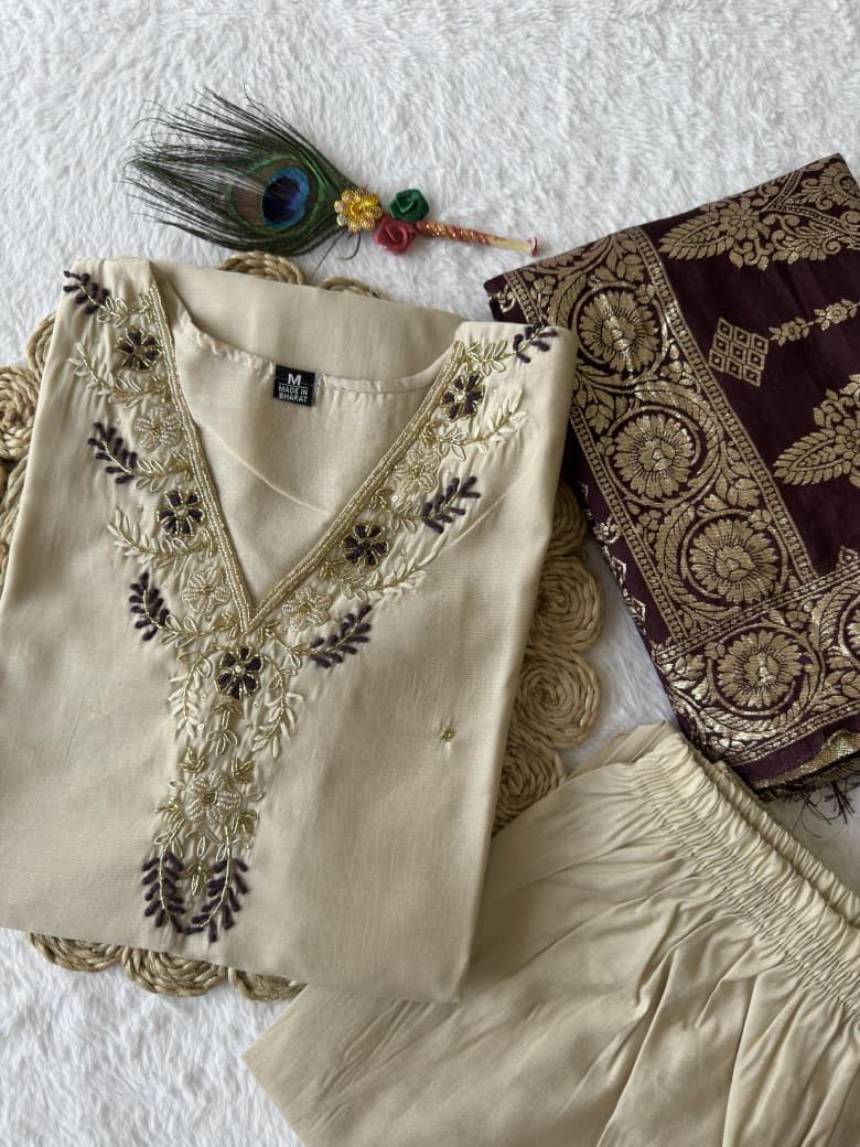 Cream Embroidered Suit Set Roohri