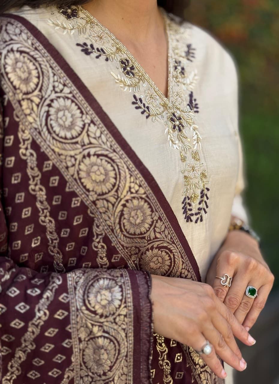 Cream Embroidered Suit Set Roohri