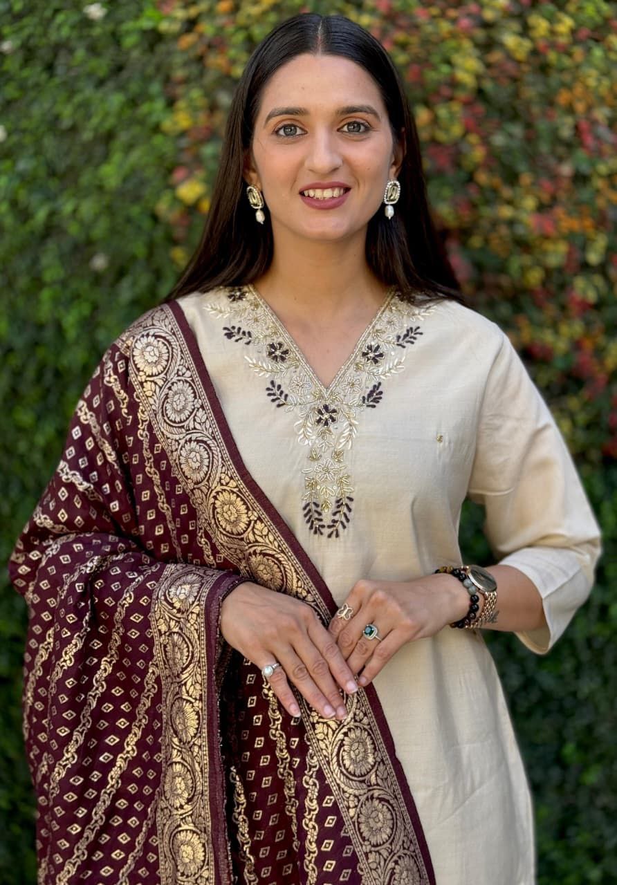 Cream Embroidered Suit Set Roohri