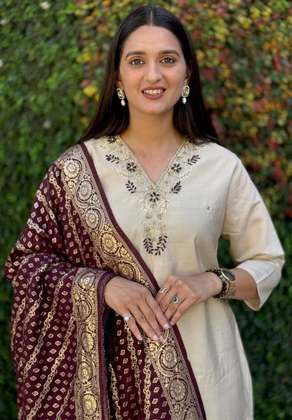 Cream Embroidered Suit Set Roohri