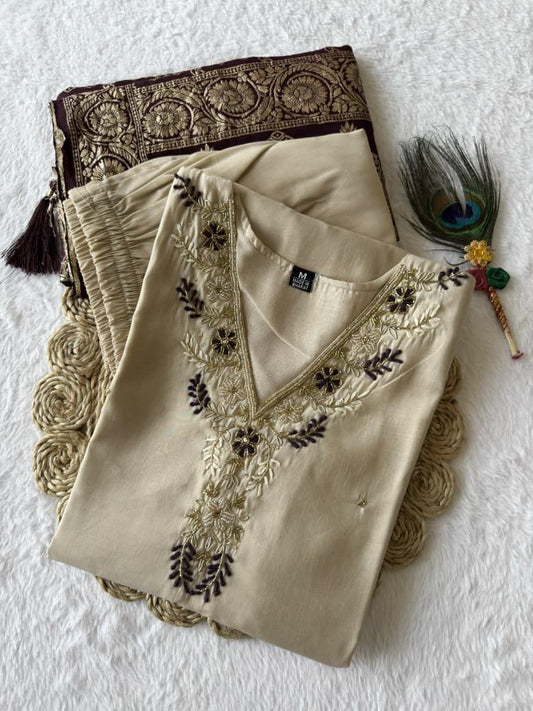 Cream Embroidered Suit Set Roohri