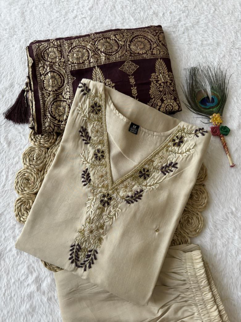 Cream Embroidered Suit Set Roohri