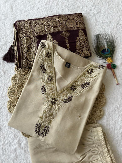 Cream Embroidered Suit Set Roohri