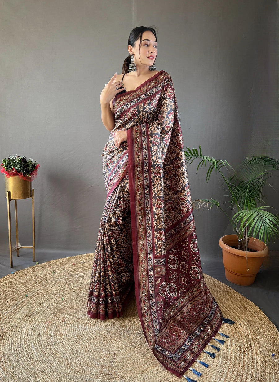 Dark Grey Printed Saree Roohri