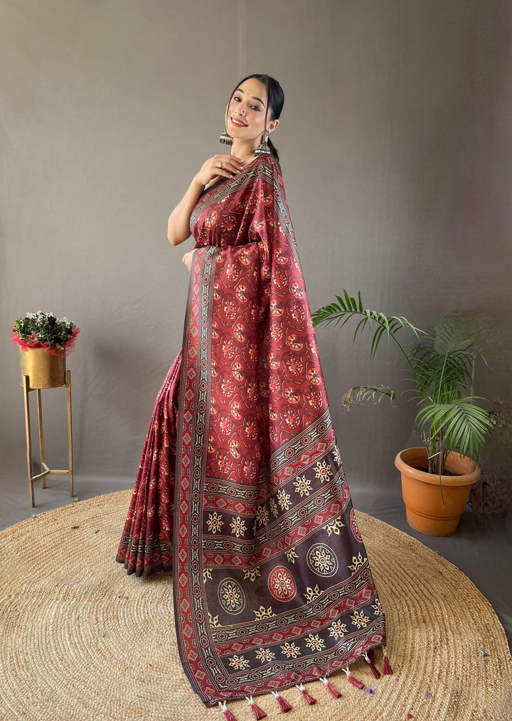 Maroon Printed Saree Roohri