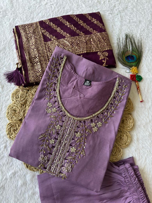 Lavender Embroidered Suit Set Roohri
