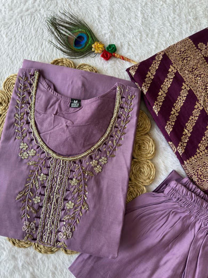 Lavender Embroidered Suit Set Roohri