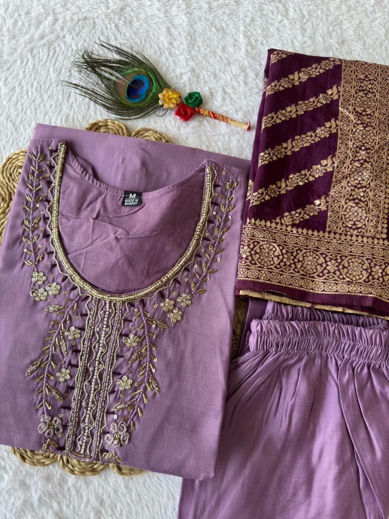 Lavender Embroidered Suit Set Roohri