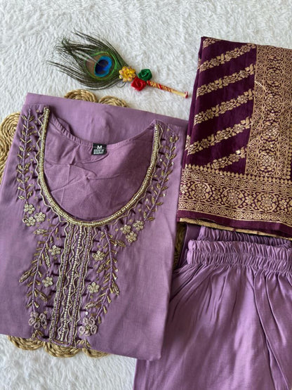 Lavender Embroidered Suit Set Roohri