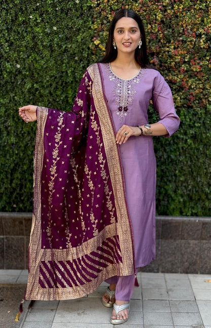 Lavender Embroidered Suit Set Roohri
