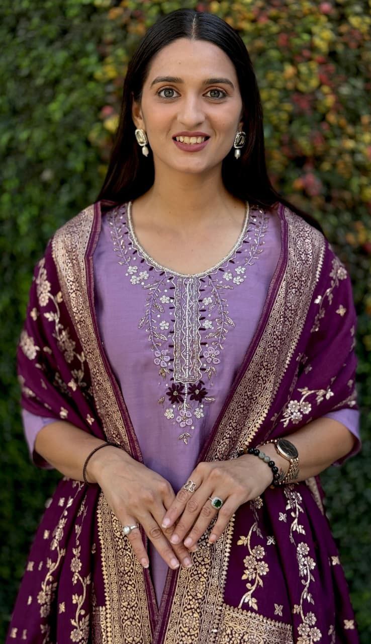 Lavender Embroidered Suit Set Roohri