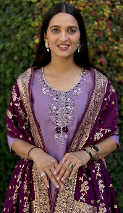 Lavender Embroidered Suit Set Roohri