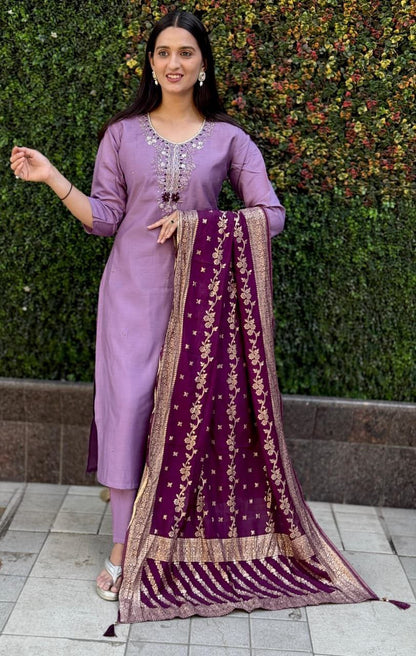 Lavender Embroidered Suit Set Roohri