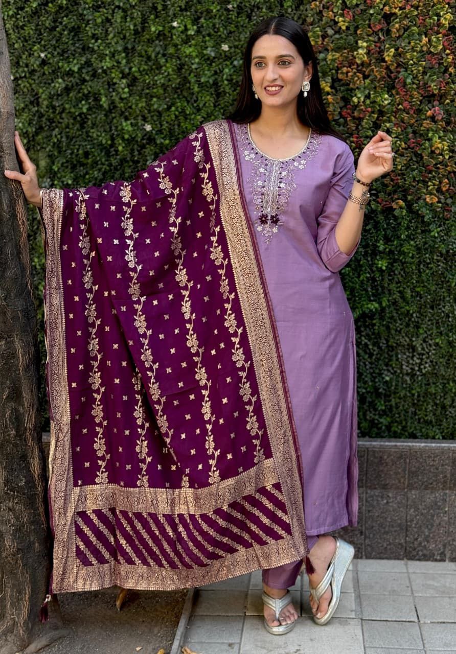 Lavender Embroidered Suit Set Roohri