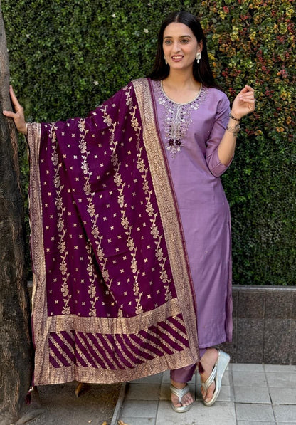 Lavender Embroidered Suit Set Roohri