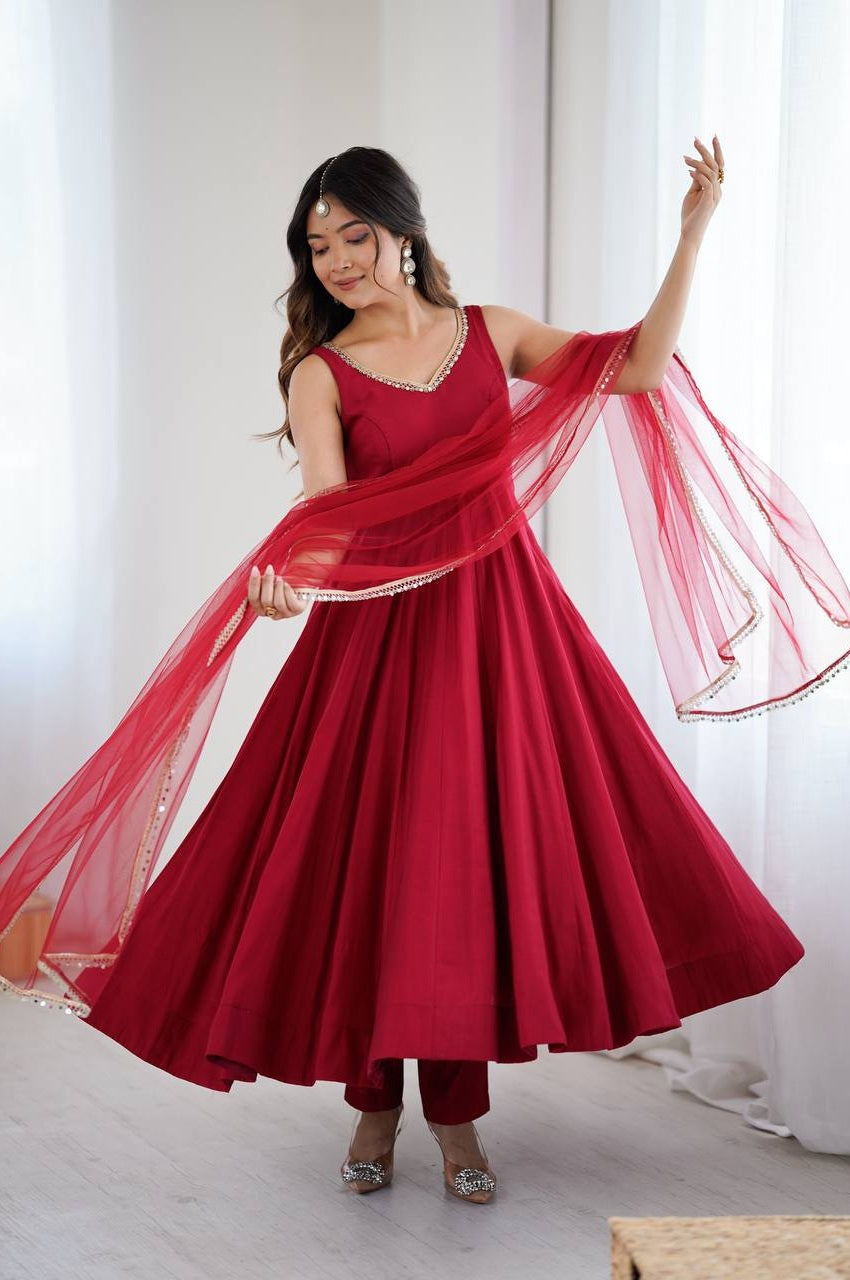 Maroon Mirror Anarkali Suit Set Roohri