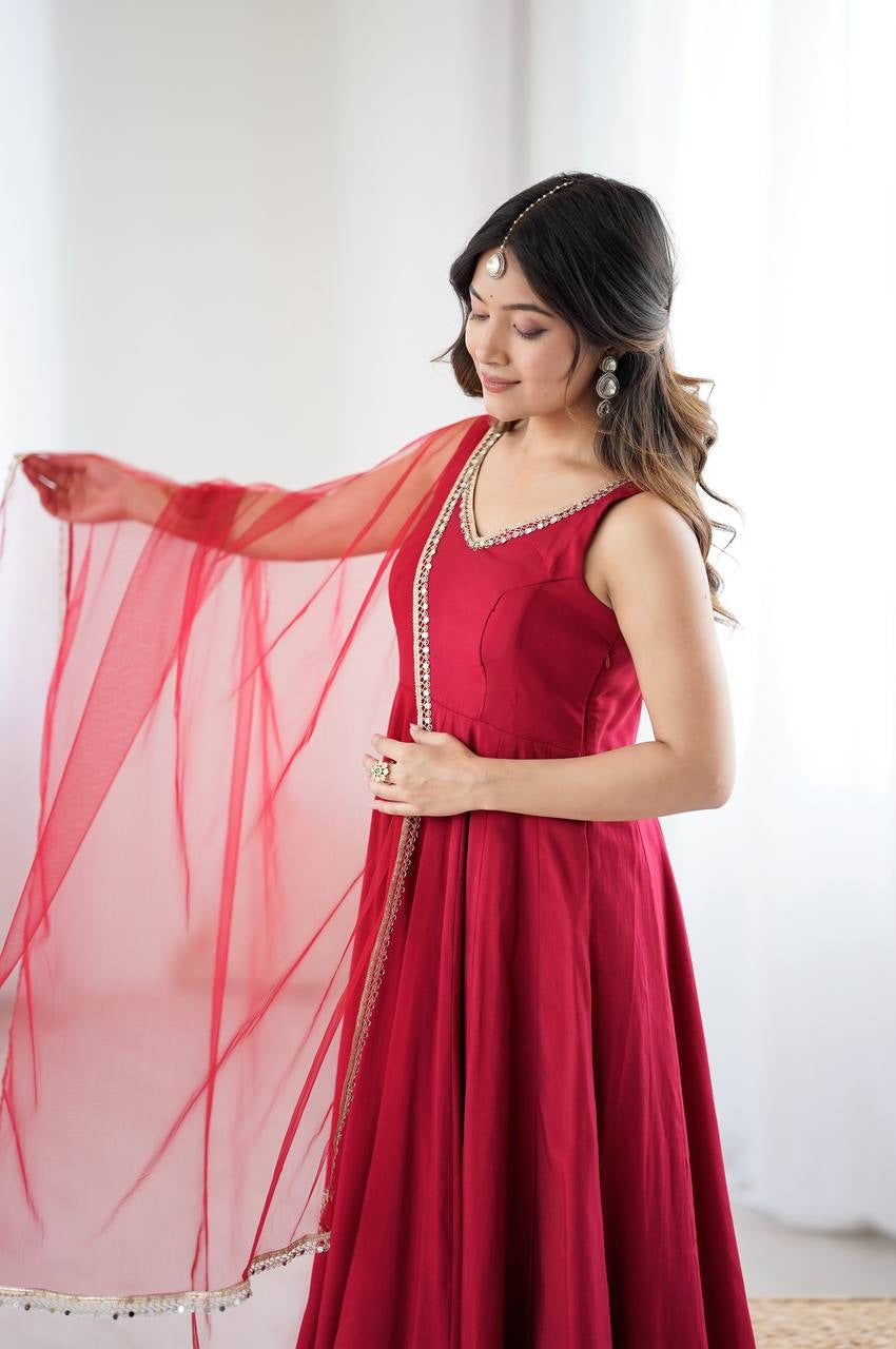 Maroon Mirror Anarkali Suit Set Roohri