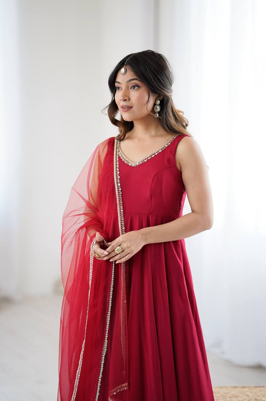 Maroon Mirror Anarkali Suit Set Roohri