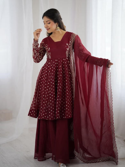 Maroon Sharara Suit Set Roohri