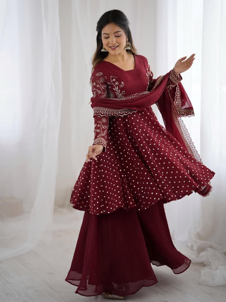 Maroon Sharara Suit Set Roohri